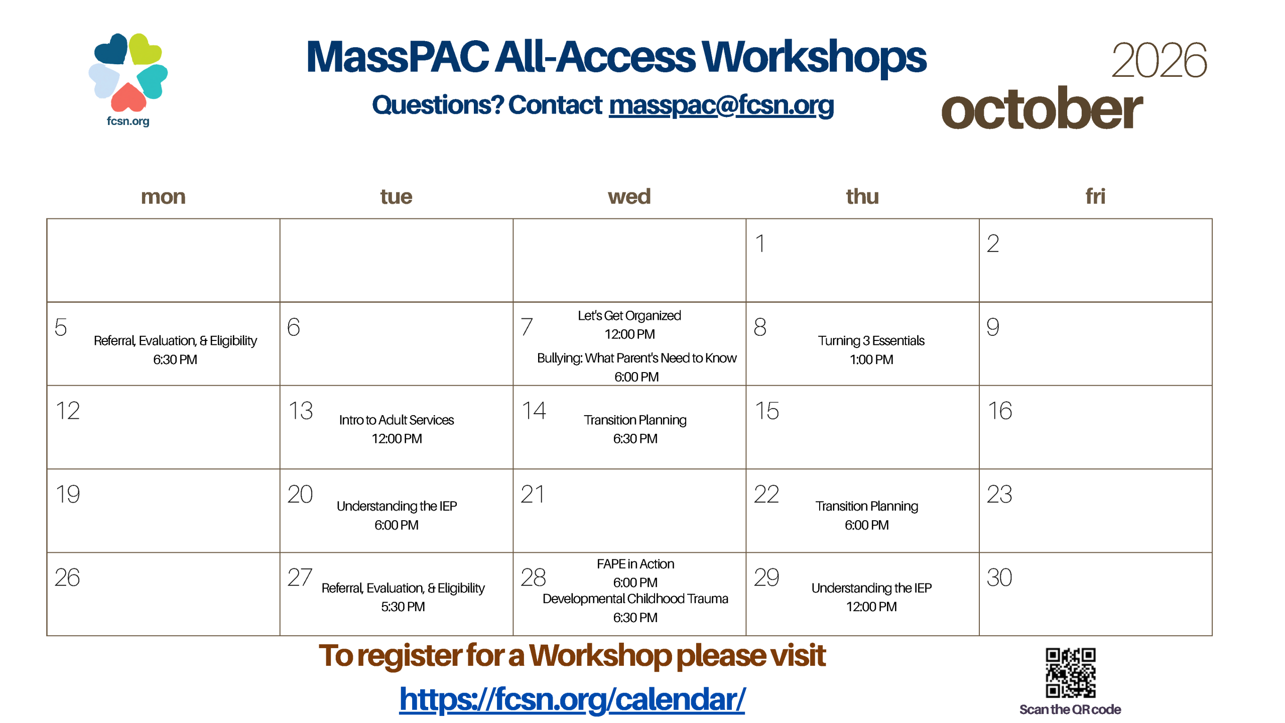 FCSN October Workshop Calendar 2026